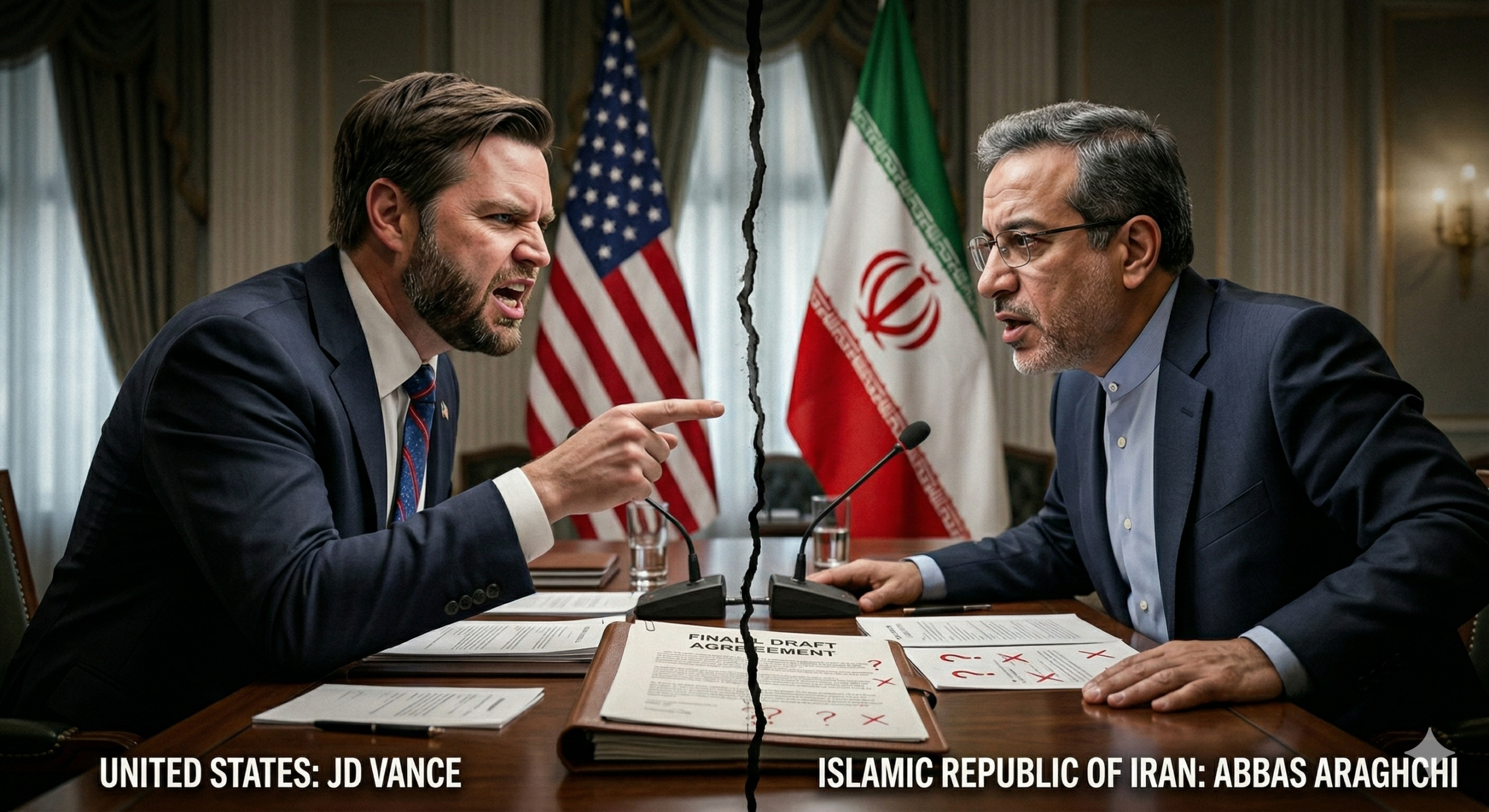 JD Vance and Abbas Araghchi look at each other in a polished wooden table in a formal, stately room. In the foreground, document folders are placed near the edge of the table, and a large flag of The United States and Iran behind.