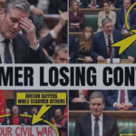A close-up image capturing Prime Minister Keir Starmer. He has a visibly strained and fatigued expression, looking downwards with his hand rubbing his temple. His face is tense, reflecting intense pressure. The background, and other frames includes journalists and other members of the MP, suggests a chaotic environment.