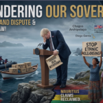 A detailed infographic on a desk, titled "SURRENDERING OUR SOVETEIGNTY: CHAGOS CRISIS". The image is a complex composition of illustrations and text panels. A central hand wearing a gold signet ring with a lion rampant crest holds a brass key with a tag labeled: "CHAGOS ARCHIPELAGO - KEY TO SOVEREIGNTY - DIEGO GARCIA". The key is placed over a central location on a map of the "CHAGOS ARCHIPELAGO", specifically over "DIEGO GARCIA - JOINT US-UK BASE". Below this map, a small visual inset shows the UK flag being lowered from a flagpole to be replaced by the Mauritius flag, labeled "UK HANDOVER". The infographic features multiple text panels: one central large panel and repeated text panels across the top and bottom read "...APPEAL TO UN FOR CRIMES AGAINST HUMANITY...". There are stacked files and a legal document with handwritten corrections and a seal, all with text referencing the "APPEAL TO UN FOR CRIMES AGAINST HUMANITY...". Another text pane is labeled "CHAGOS HANDOVER".
