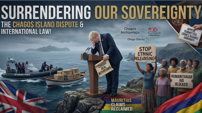 A detailed infographic on a desk, titled "SURRENDERING OUR SOVETEIGNTY: CHAGOS CRISIS". The image is a complex composition of illustrations and text panels. A central hand wearing a gold signet ring with a lion rampant crest holds a brass key with a tag labeled: "CHAGOS ARCHIPELAGO - KEY TO SOVEREIGNTY - DIEGO GARCIA". The key is placed over a central location on a map of the "CHAGOS ARCHIPELAGO", specifically over "DIEGO GARCIA - JOINT US-UK BASE". Below this map, a small visual inset shows the UK flag being lowered from a flagpole to be replaced by the Mauritius flag, labeled "UK HANDOVER". The infographic features multiple text panels: one central large panel and repeated text panels across the top and bottom read "...APPEAL TO UN FOR CRIMES AGAINST HUMANITY...". There are stacked files and a legal document with handwritten corrections and a seal, all with text referencing the "APPEAL TO UN FOR CRIMES AGAINST HUMANITY...". Another text pane is labeled "CHAGOS HANDOVER".