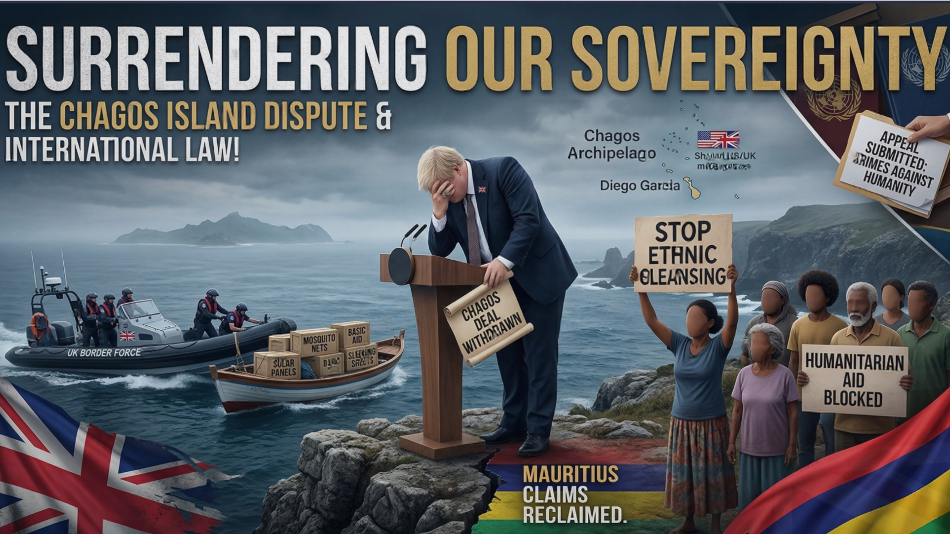 A detailed infographic on a desk, titled "SURRENDERING OUR SOVETEIGNTY: CHAGOS CRISIS". The image is a complex composition of illustrations and text panels. A central hand wearing a gold signet ring with a lion rampant crest holds a brass key with a tag labeled: "CHAGOS ARCHIPELAGO - KEY TO SOVEREIGNTY - DIEGO GARCIA". The key is placed over a central location on a map of the "CHAGOS ARCHIPELAGO", specifically over "DIEGO GARCIA - JOINT US-UK BASE". Below this map, a small visual inset shows the UK flag being lowered from a flagpole to be replaced by the Mauritius flag, labeled "UK HANDOVER". The infographic features multiple text panels: one central large panel and repeated text panels across the top and bottom read "...APPEAL TO UN FOR CRIMES AGAINST HUMANITY...". There are stacked files and a legal document with handwritten corrections and a seal, all with text referencing the "APPEAL TO UN FOR CRIMES AGAINST HUMANITY...". Another text pane is labeled "CHAGOS HANDOVER".